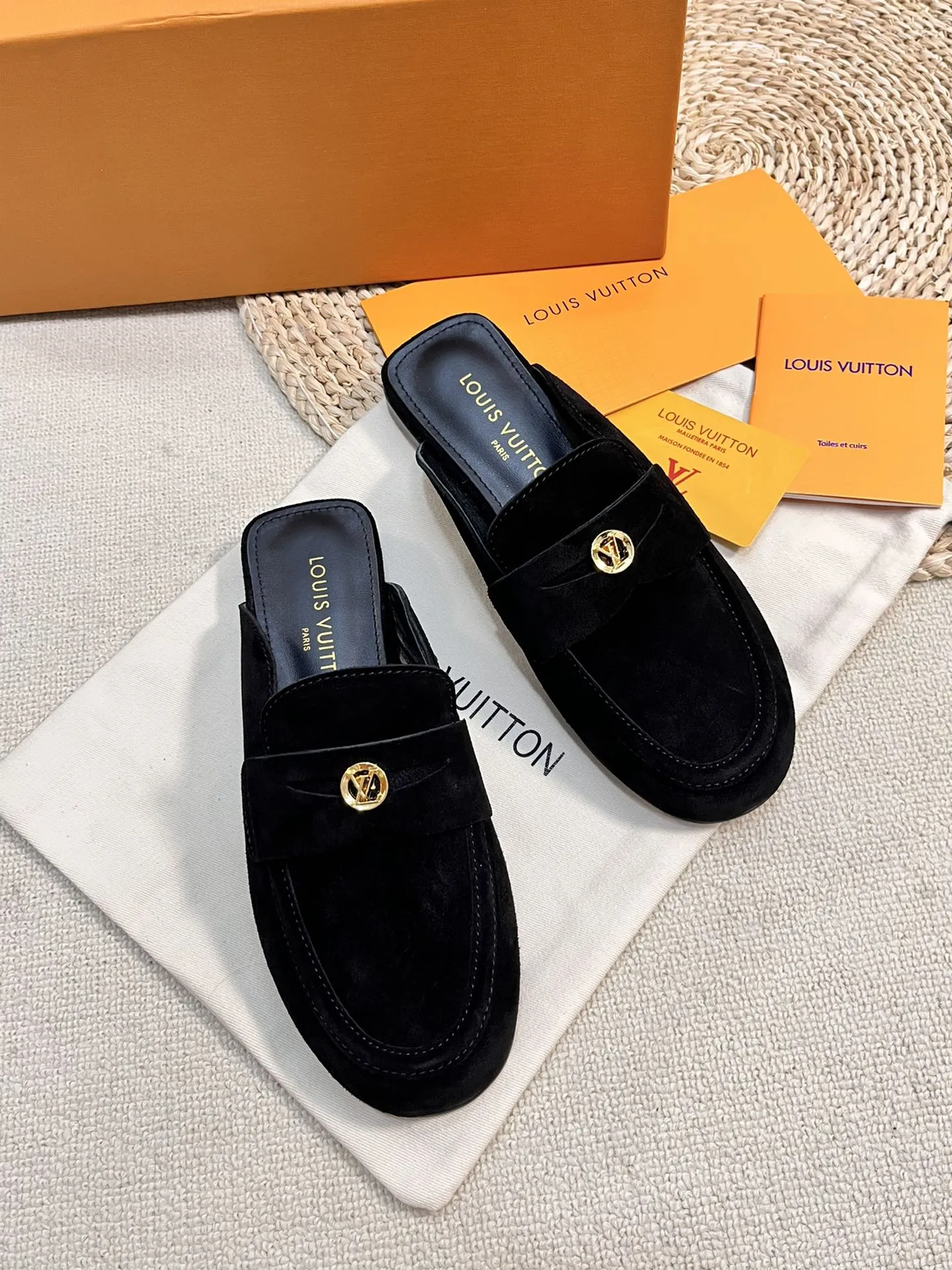 LV CAPRI OPEN BACK LOAFERS IN BLACK SUEDE