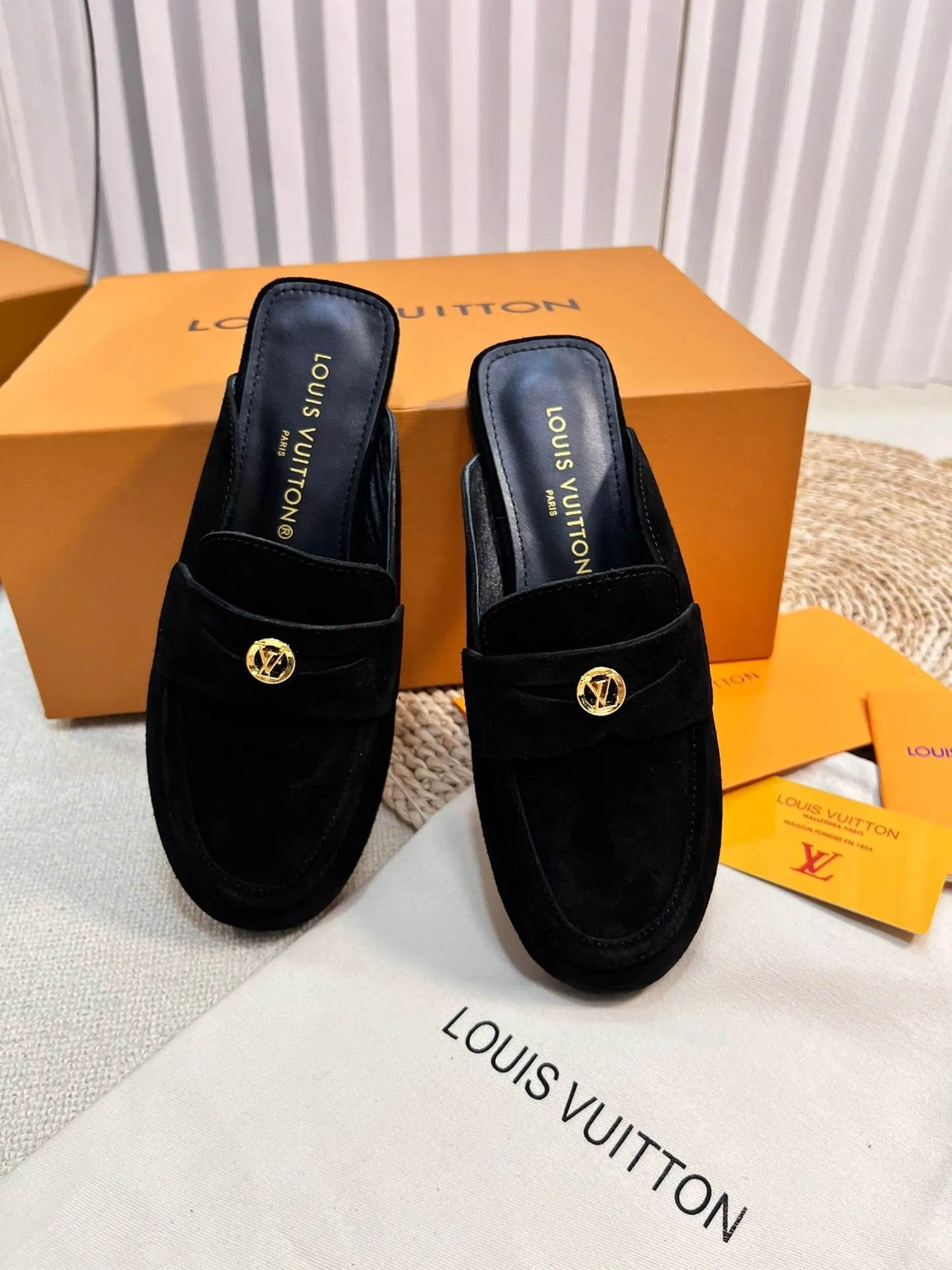 LV CAPRI OPEN BACK LOAFERS IN BLACK SUEDE