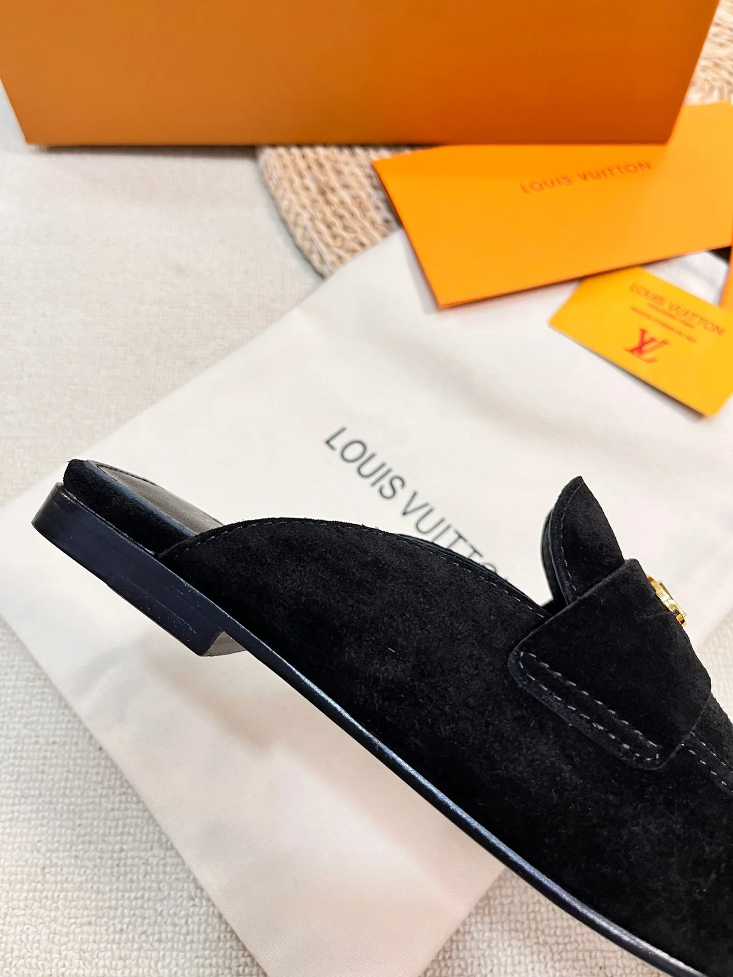 LV CAPRI OPEN BACK LOAFERS IN BLACK SUEDE