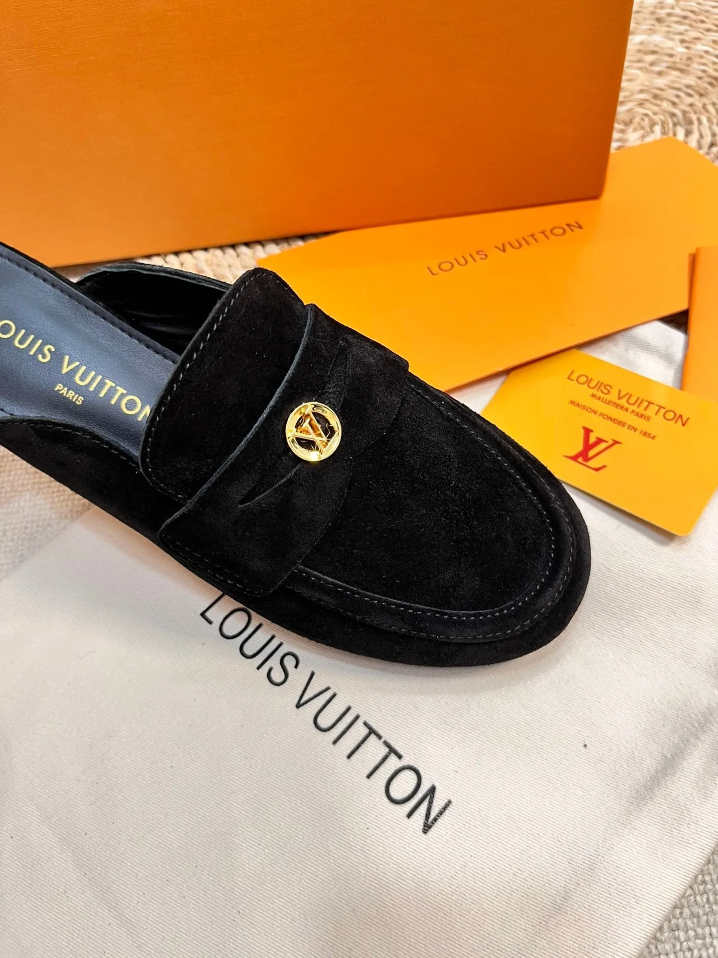 LV CAPRI OPEN BACK LOAFERS IN BLACK SUEDE