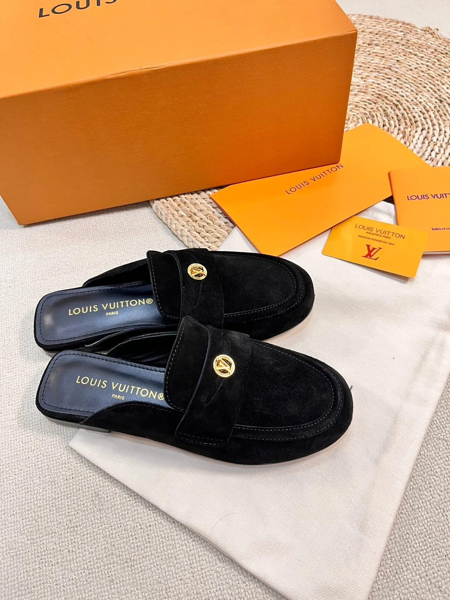 LV CAPRI OPEN BACK LOAFERS IN BLACK SUEDE