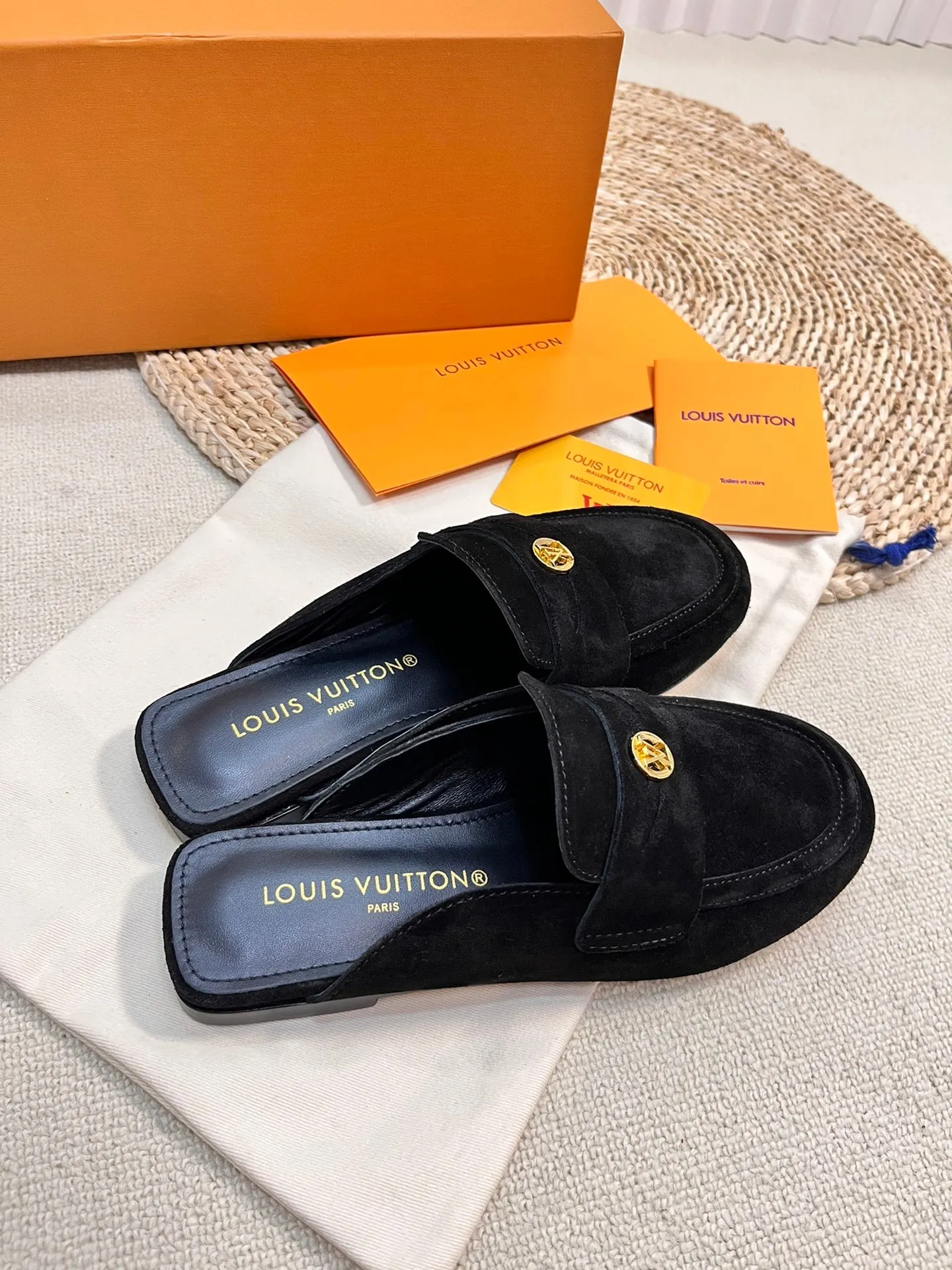 LV CAPRI OPEN BACK LOAFERS IN BLACK SUEDE