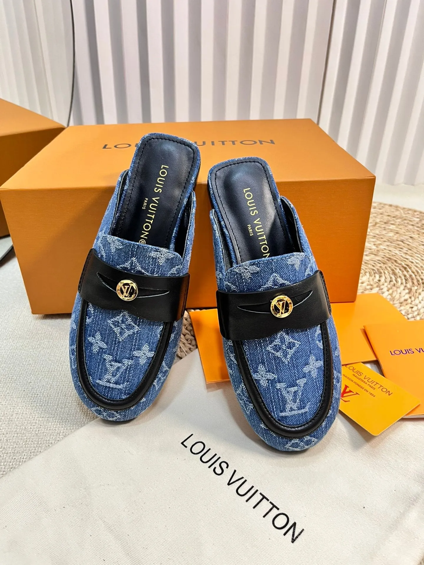 LV CAPRI OPEN BACK LOAFERS IN COBALT BLUE MONOGRAM DENIM