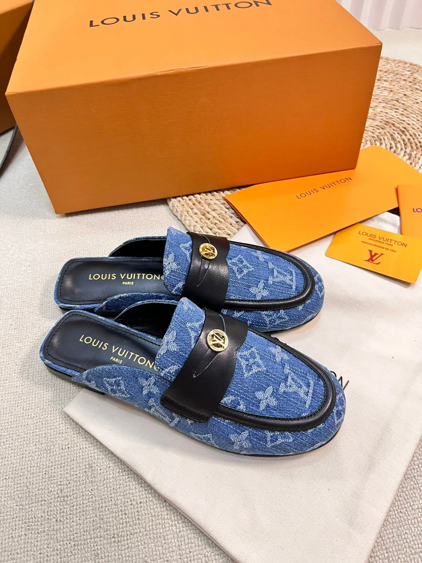 LV CAPRI OPEN BACK LOAFERS IN COBALT BLUE MONOGRAM DENIM