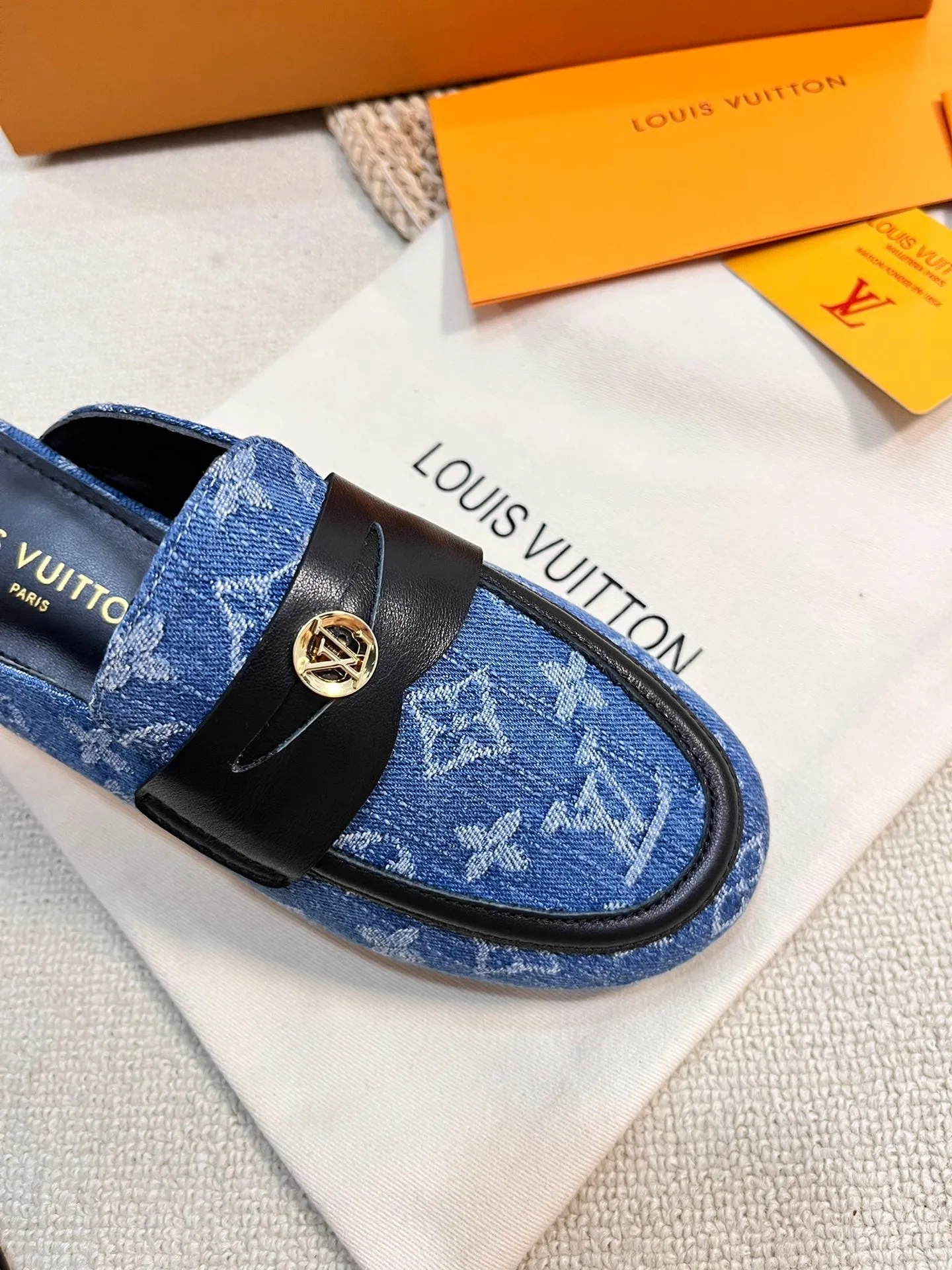 LV CAPRI OPEN BACK LOAFERS IN COBALT BLUE MONOGRAM DENIM