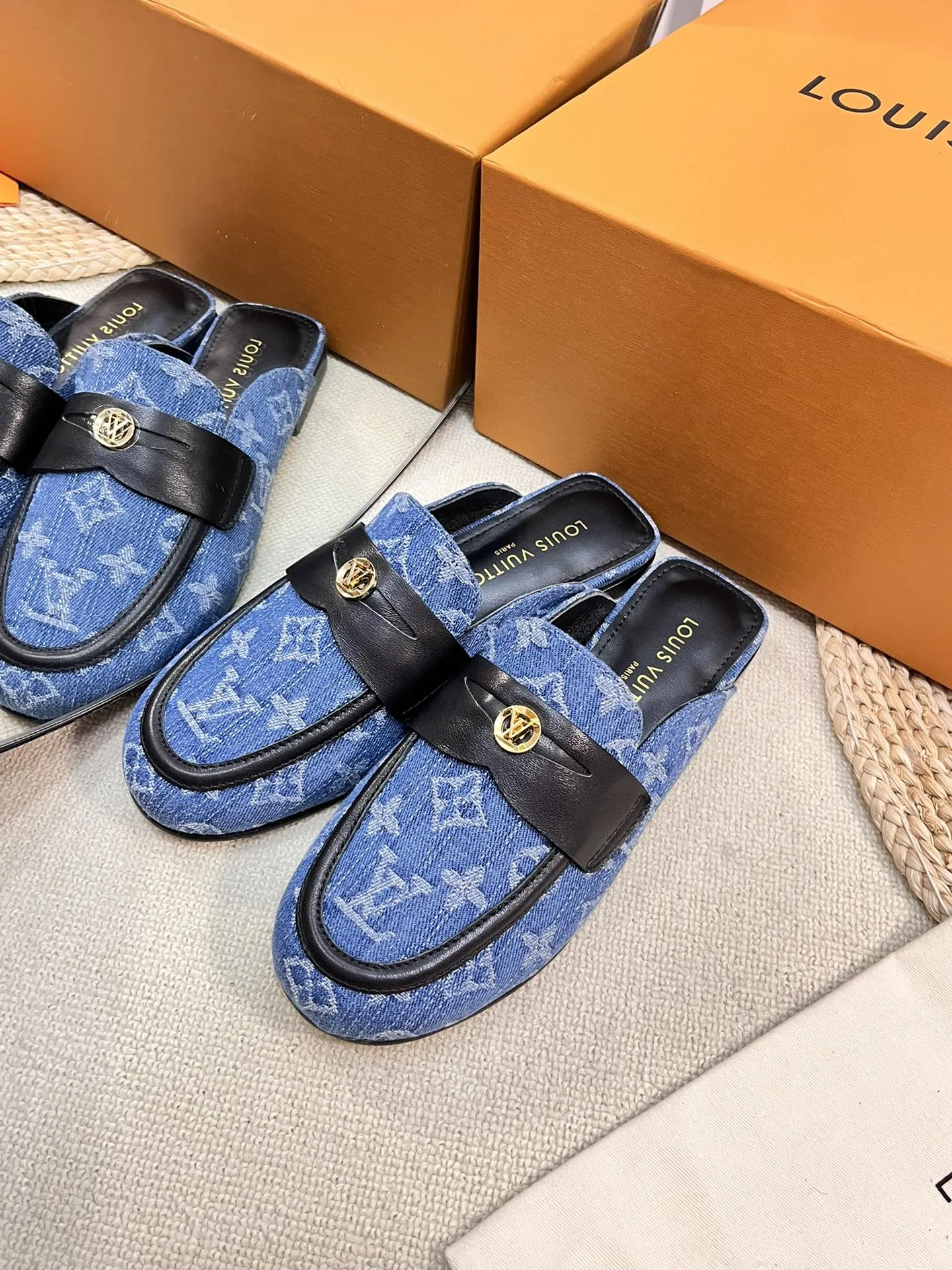 LV CAPRI OPEN BACK LOAFERS IN COBALT BLUE MONOGRAM DENIM