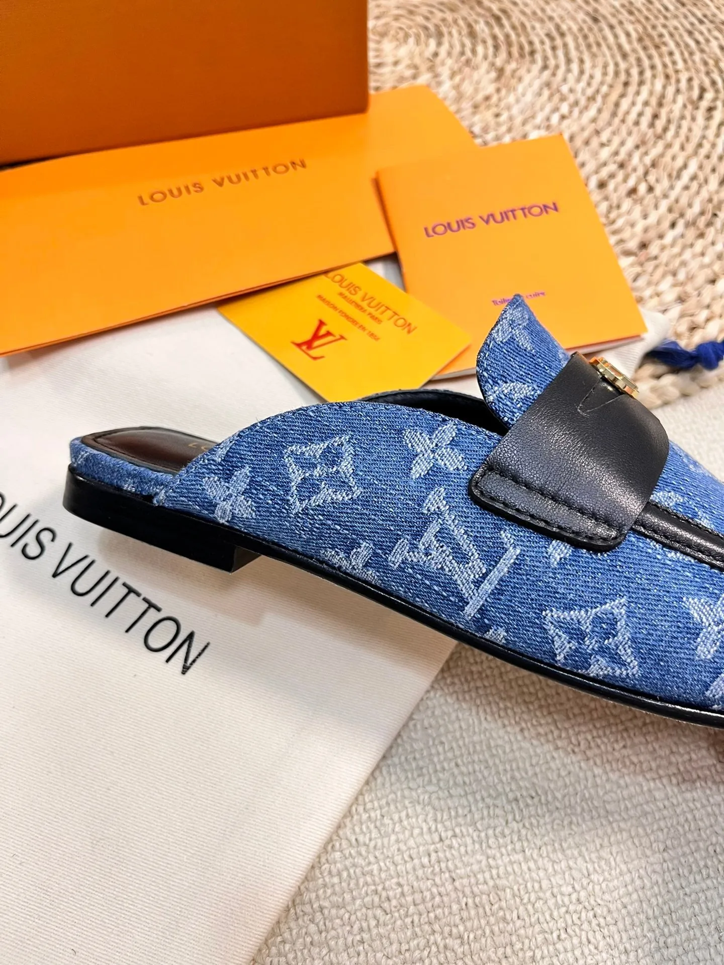 LV CAPRI OPEN BACK LOAFERS IN COBALT BLUE MONOGRAM DENIM