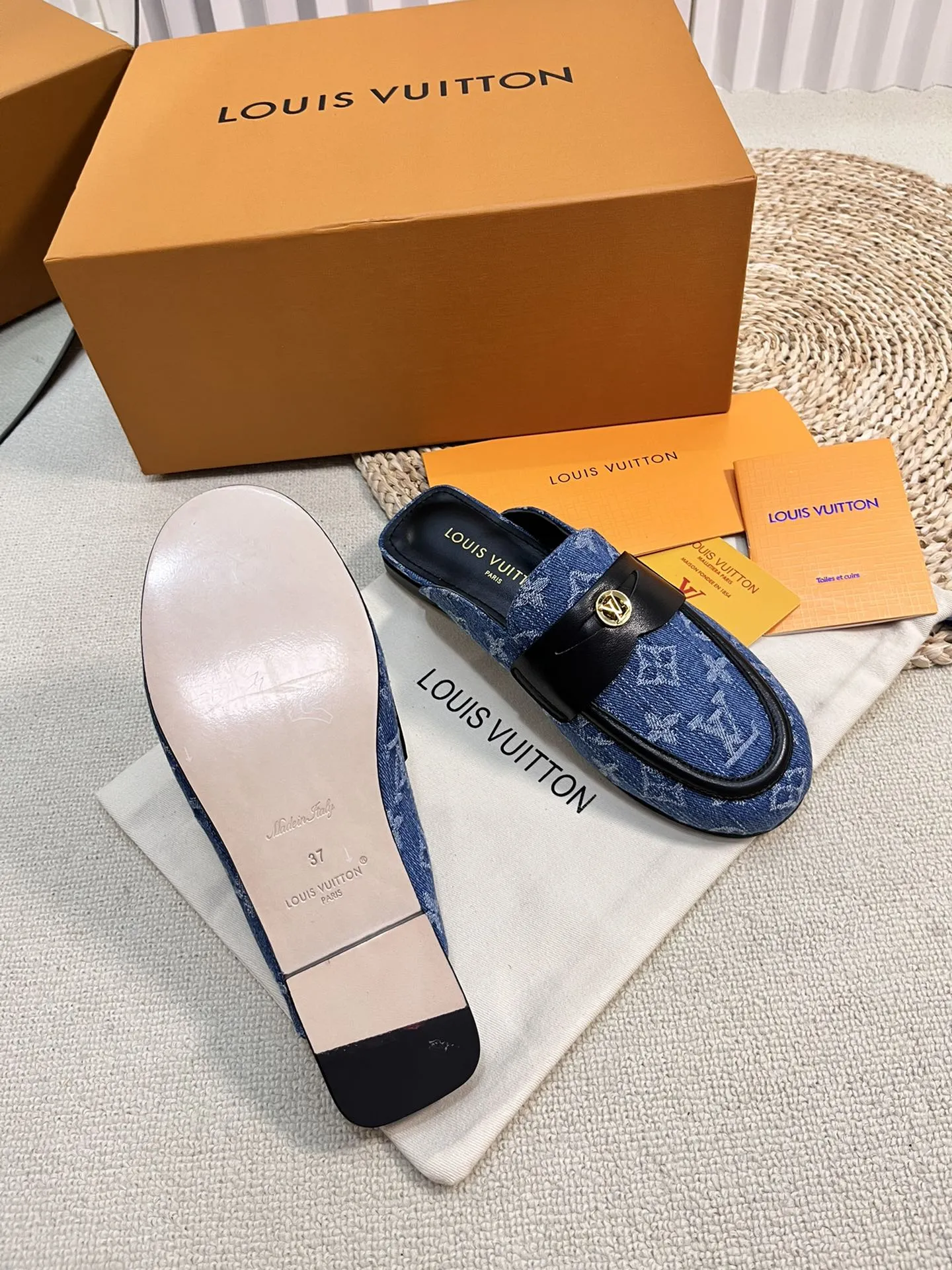 LV CAPRI OPEN BACK LOAFERS IN COBALT BLUE MONOGRAM DENIM