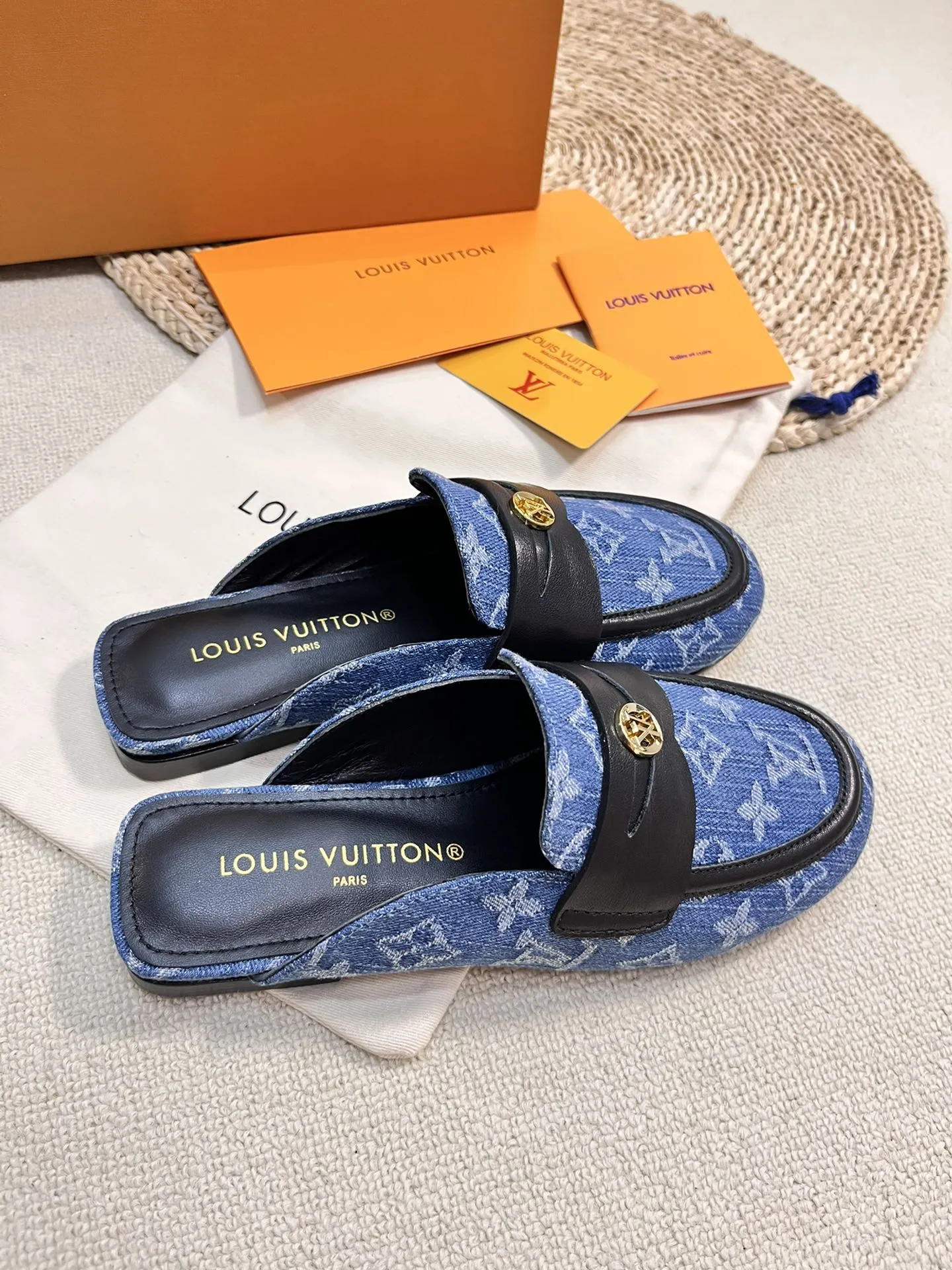 LV CAPRI OPEN BACK LOAFERS IN COBALT BLUE MONOGRAM DENIM