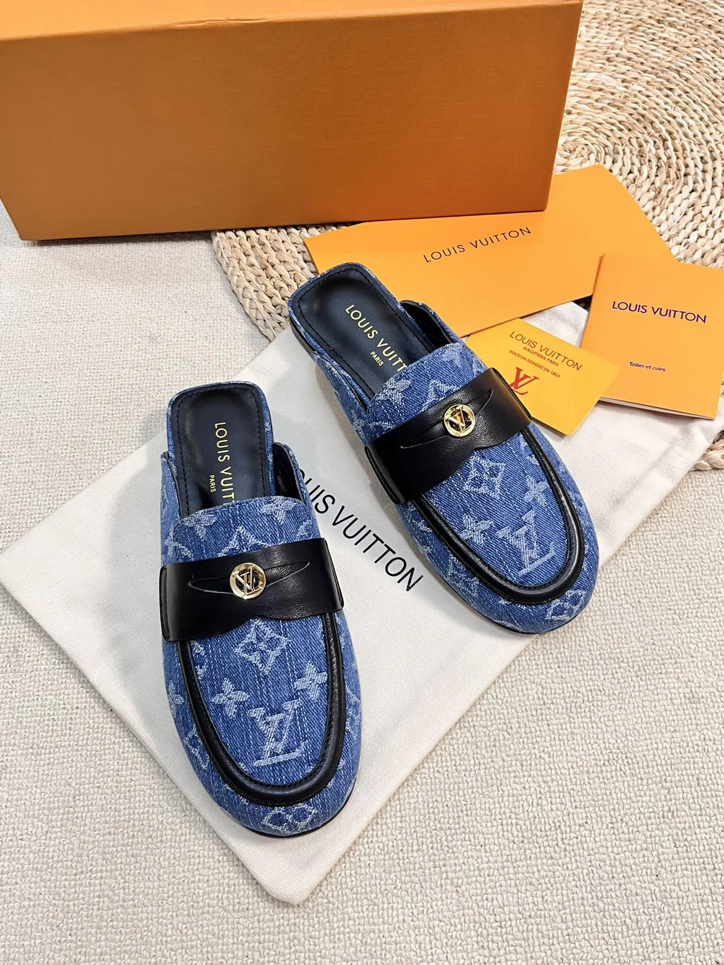 LV CAPRI OPEN BACK LOAFERS IN COBALT BLUE MONOGRAM DENIM