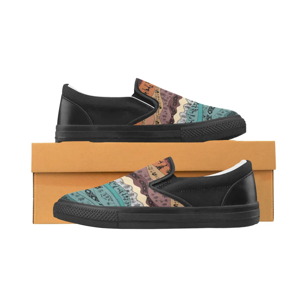 Men's Big Size Hued Waves Tribal Print Slip-on Canvas Shoes