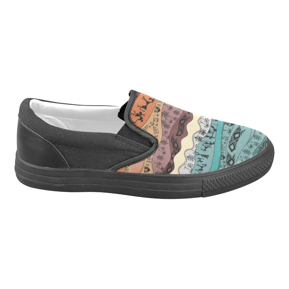 Men's Big Size Hued Waves Tribal Print Slip-on Canvas Shoes