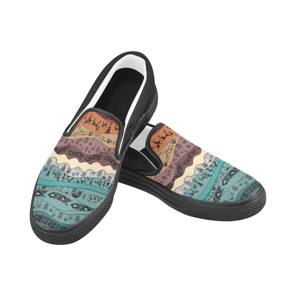 Men's Big Size Hued Waves Tribal Print Slip-on Canvas Shoes