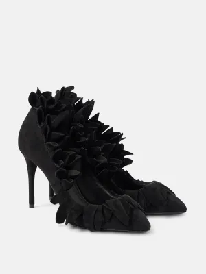 Petal ruffled suede pumps