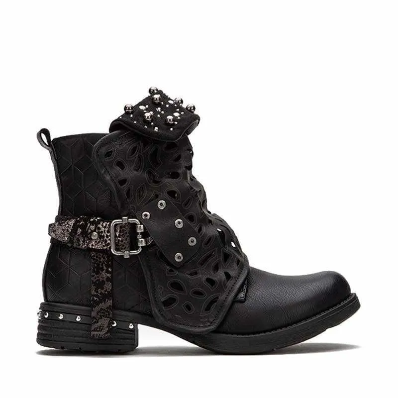 Rhinestone Winter Boots Zipper Rivet Buckle Lace-up Ankle Western Boots