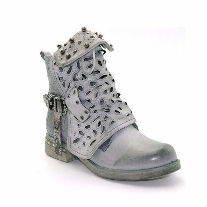 Rhinestone Winter Boots Zipper Rivet Buckle Lace-up Ankle Western Boots