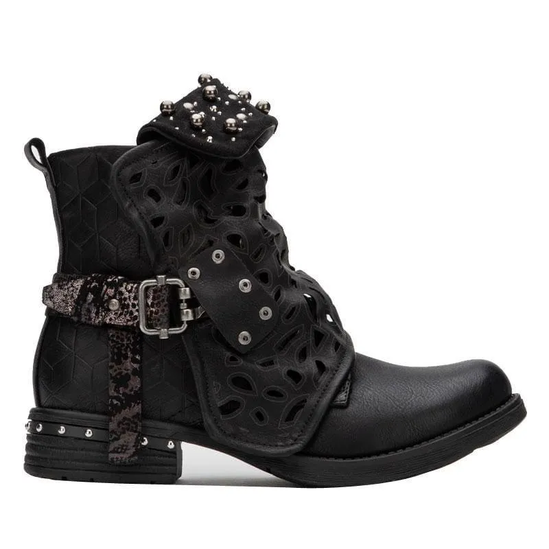 Rhinestone Winter Boots Zipper Rivet Buckle Lace-up Ankle Western Boots