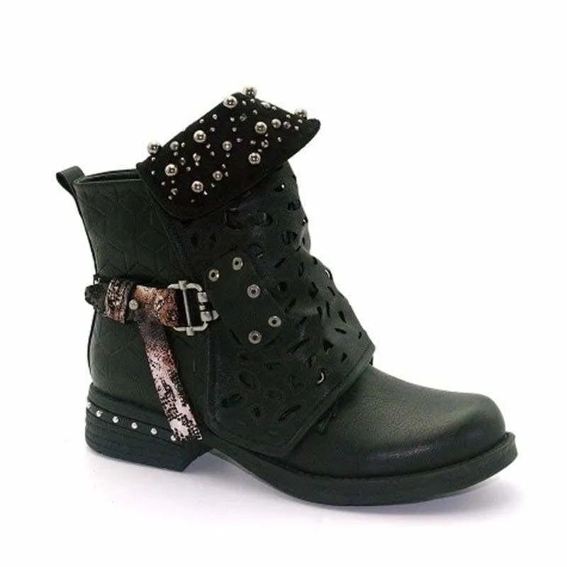 Rhinestone Winter Boots Zipper Rivet Buckle Lace-up Ankle Western Boots