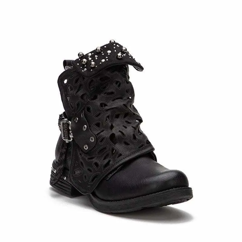 Rhinestone Winter Boots Zipper Rivet Buckle Lace-up Ankle Western Boots