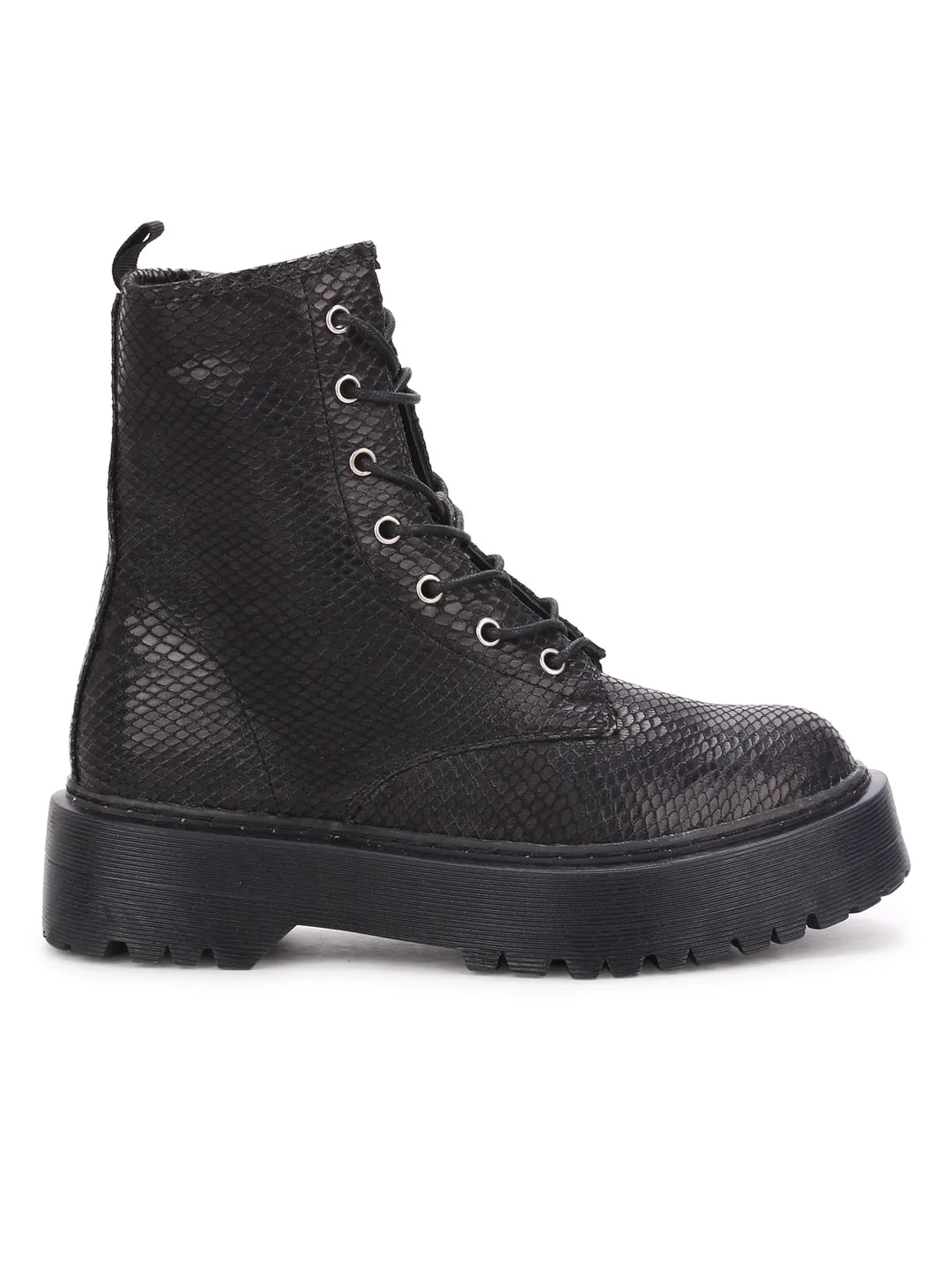 Snake PU Lace-Up Cleated Platform Ankle Boots