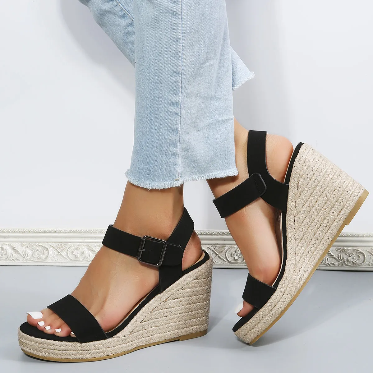 Sohiwoo  Black Platform Espadrille Wedges Open Toe Buckle Strap Sandals for Women