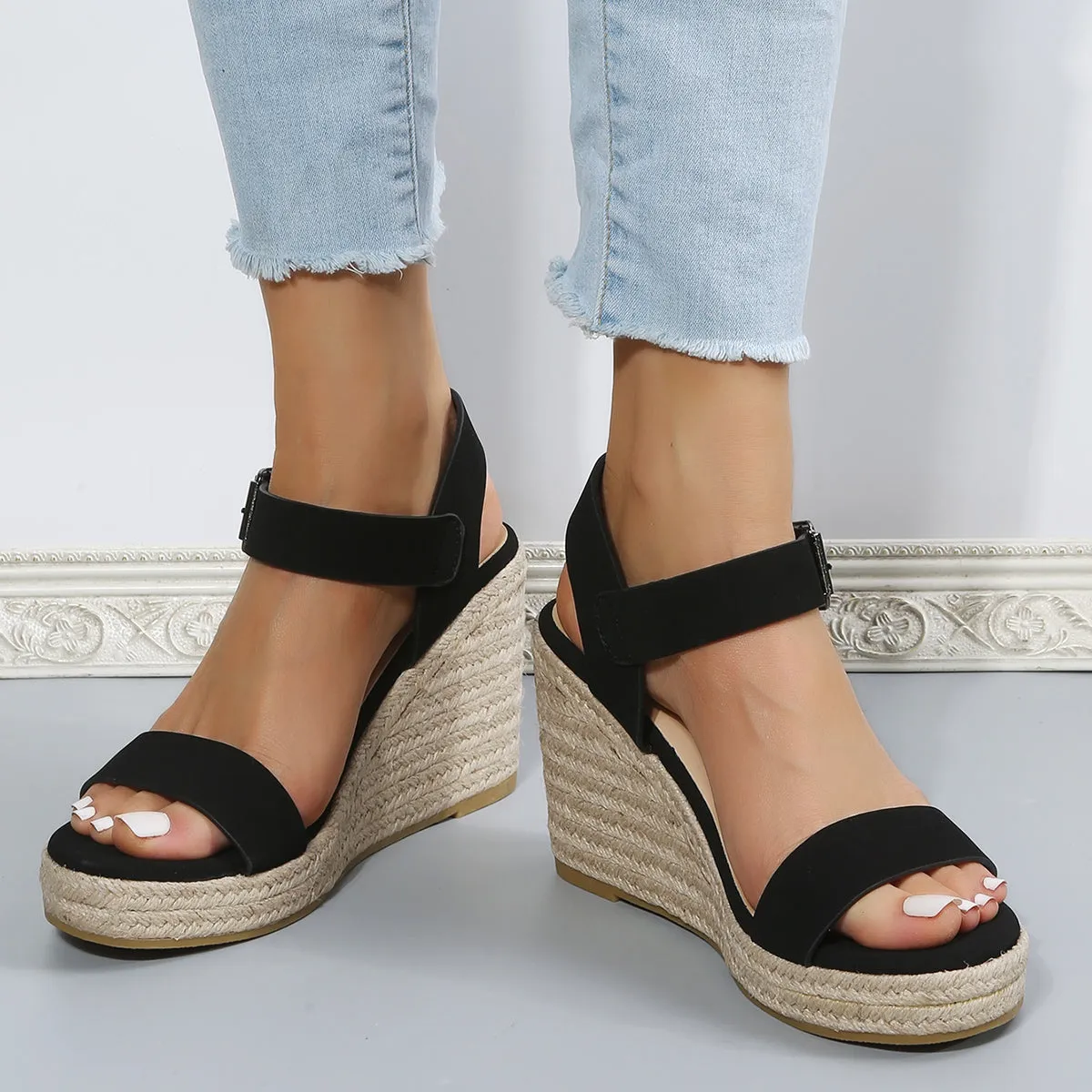 Sohiwoo  Black Platform Espadrille Wedges Open Toe Buckle Strap Sandals for Women