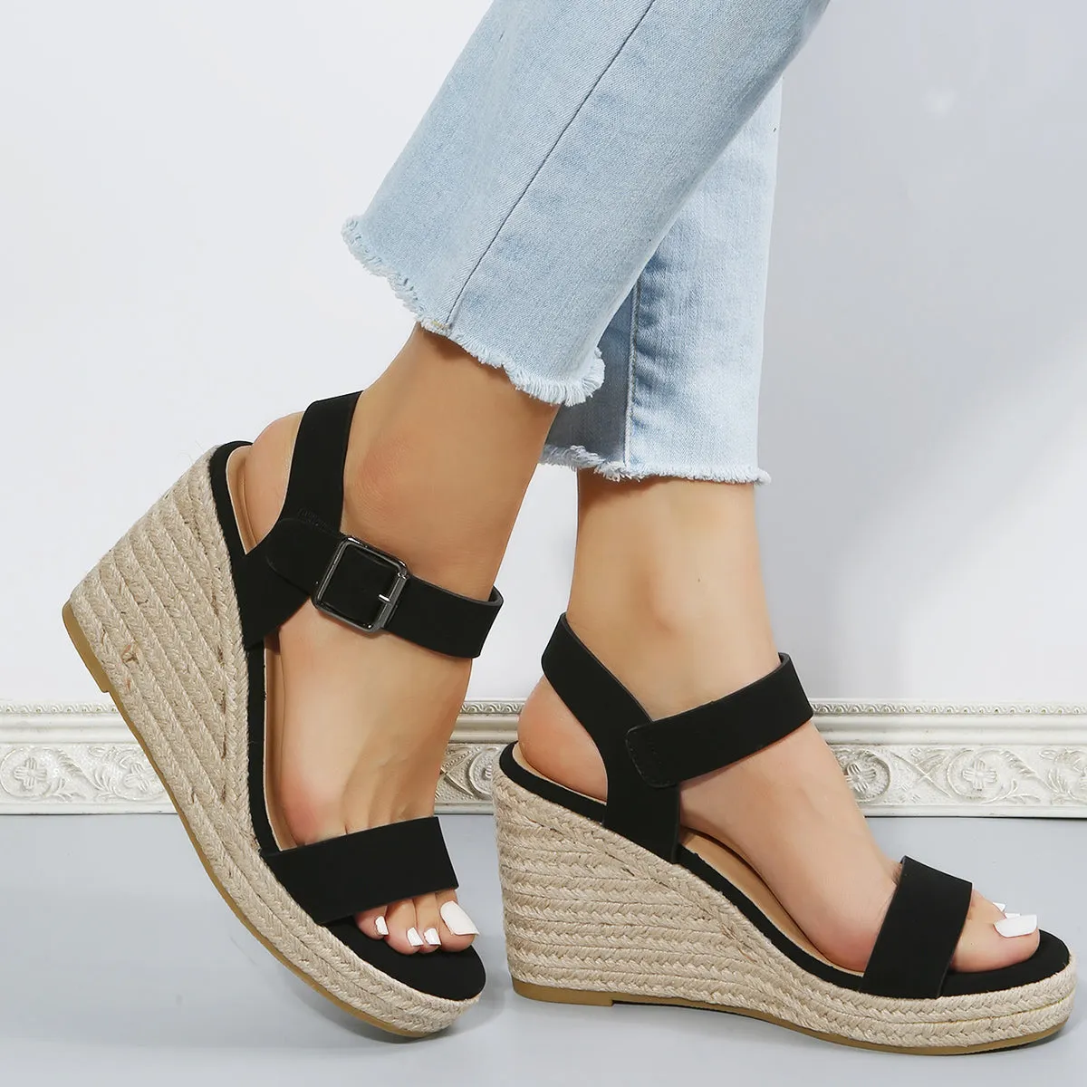 Sohiwoo  Black Platform Espadrille Wedges Open Toe Buckle Strap Sandals for Women