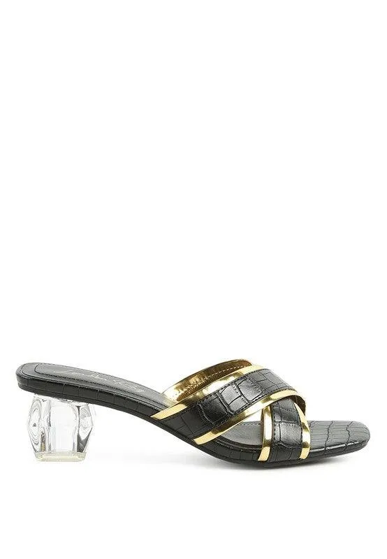 Stellar Gold Line Croc Textured Low Heel Sandals