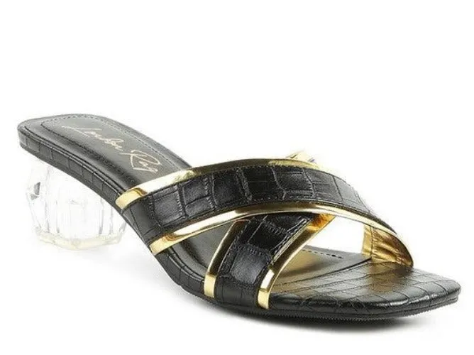 Stellar Gold Line Croc Textured Low Heel Sandals