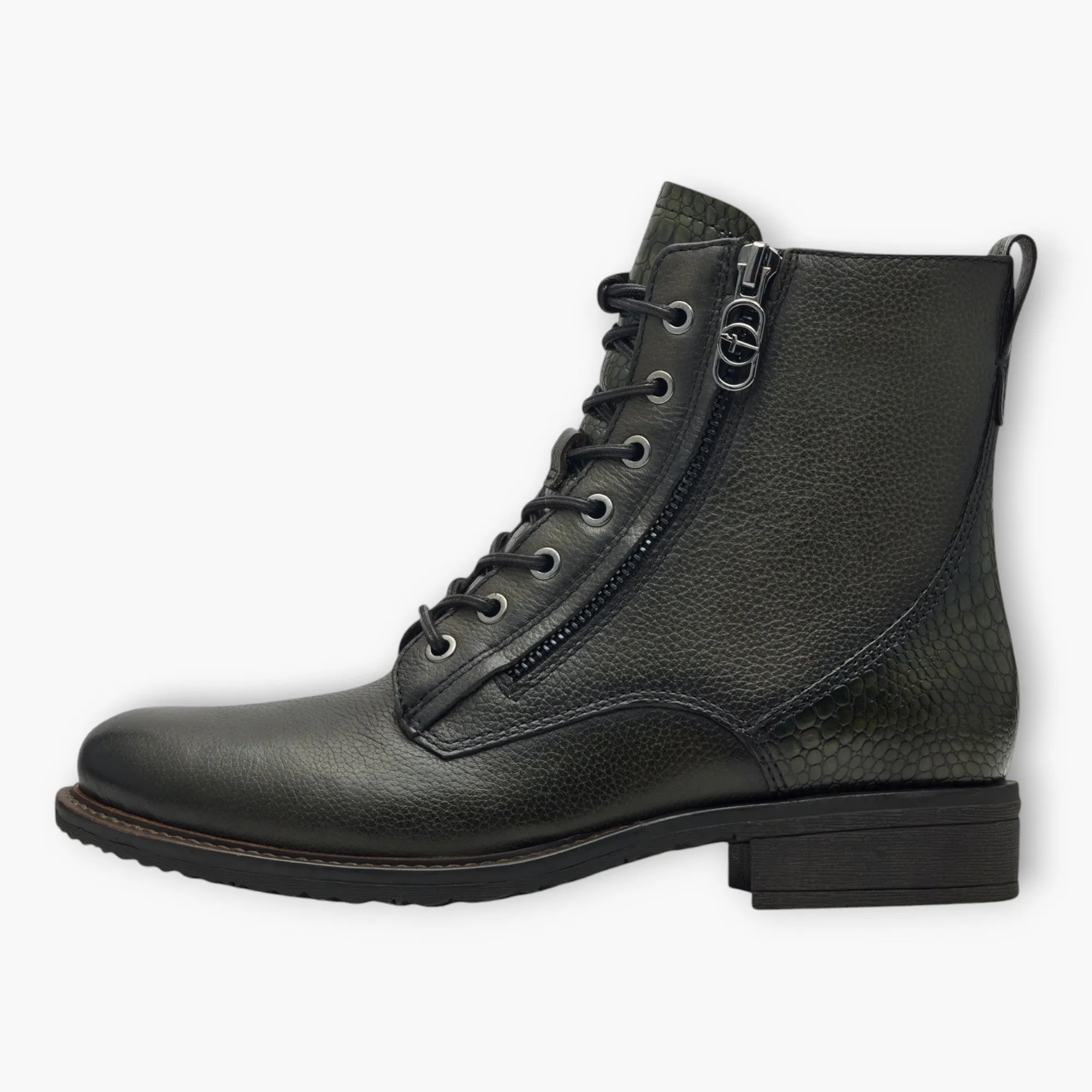 Tamaris Olive Lace-Up Boots with Side Zip and Block Heel