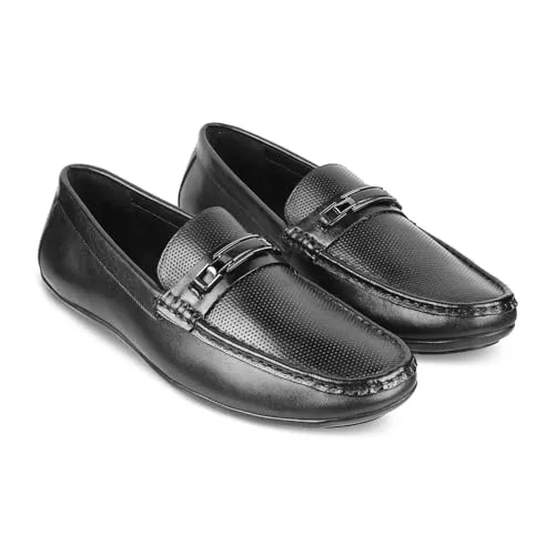 tresmode ABIA Men's Driving Loafers Leather Shoes Black, 7 UK / 41 EU - Round Toe TPR Sole Casual Footwear Penny Soft - Light Weight, Comfortable and Long Life