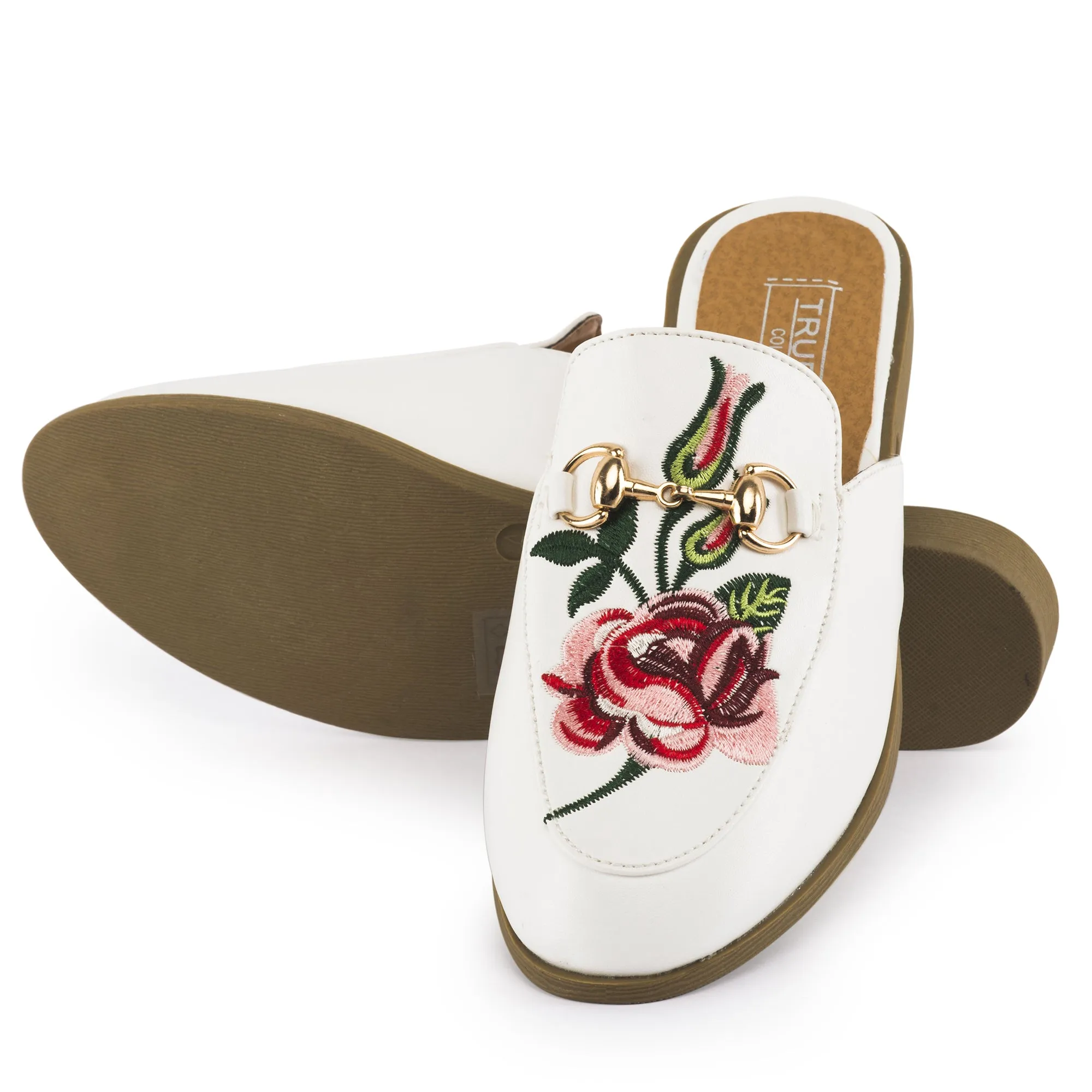 White Embroided Open Back Loafers