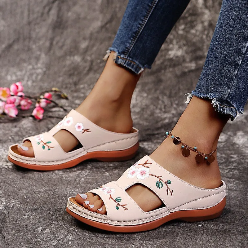 Women embroidered flower peep toe hollow slide wedge slides summer slippers