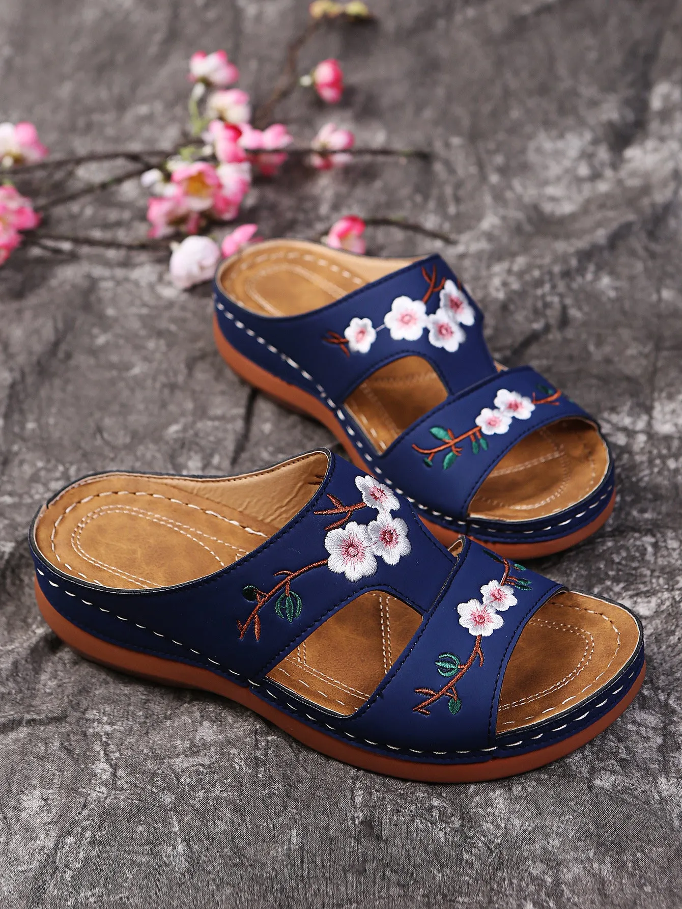 Women embroidered flower peep toe hollow slide wedge slides summer slippers