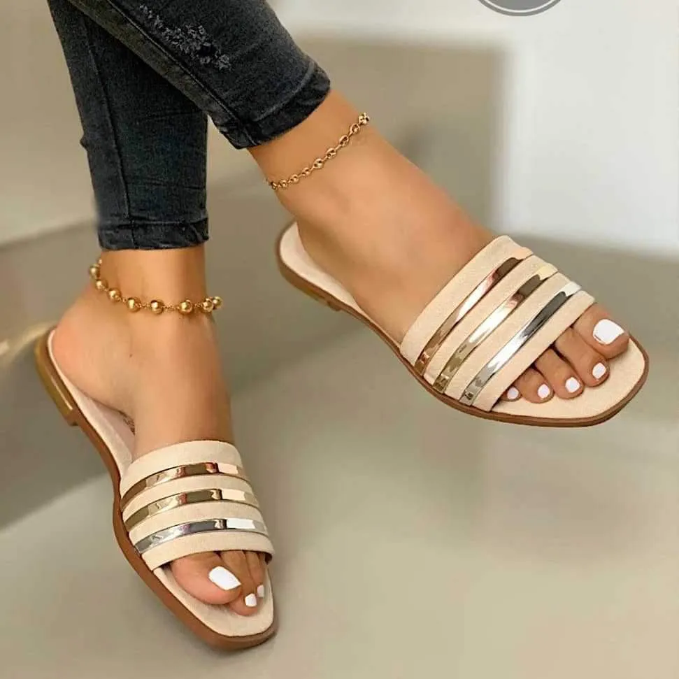 Women fashion sequin peep toe 
flat slide sandals