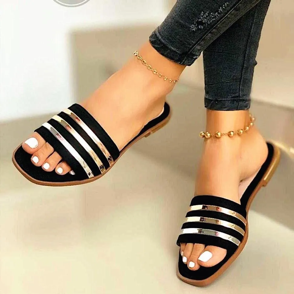 Women fashion sequin peep toe 
flat slide sandals