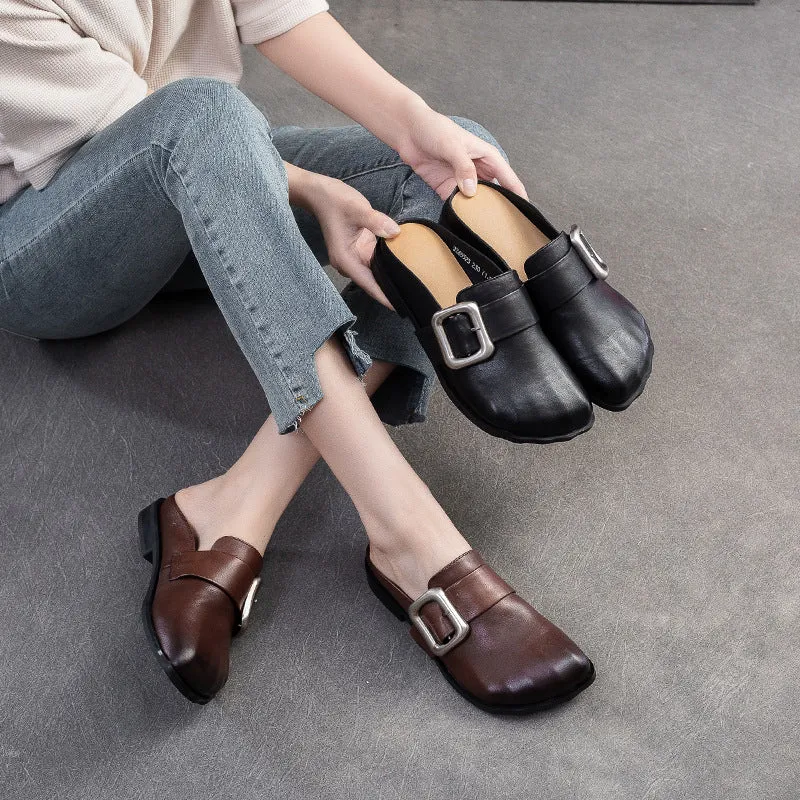 Women Retro Leather Casual Flat Mules