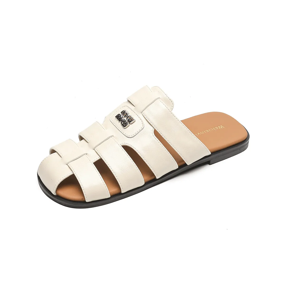 Women Retro Plaited Soft Leather Slides Sandals