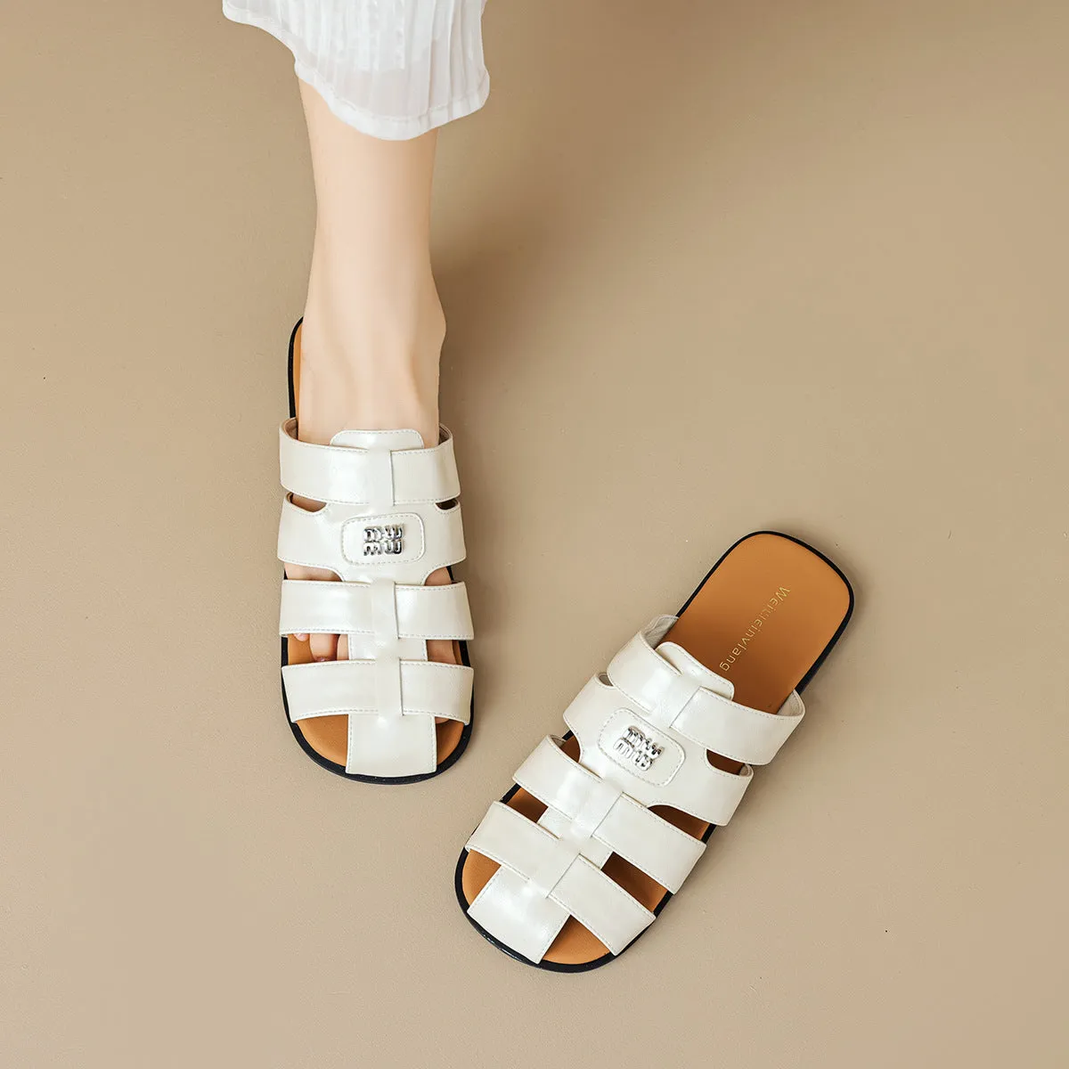 Women Retro Plaited Soft Leather Slides Sandals