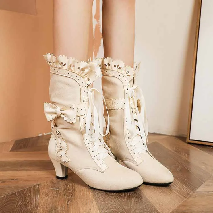 Women Sweet Bow Boots Mid Heels Lace Up Victorian boots Mid Calf Kawaii Boot