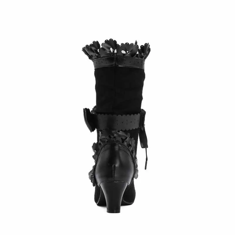 Women Sweet Bow Boots Mid Heels Lace Up Victorian boots Mid Calf Kawaii Boot