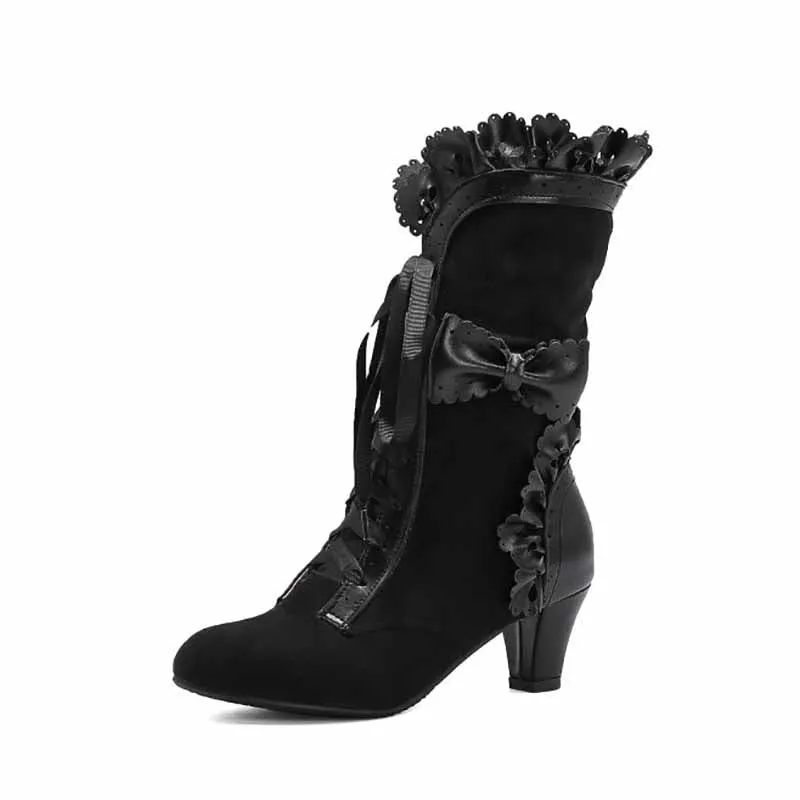 Women Sweet Bow Boots Mid Heels Lace Up Victorian boots Mid Calf Kawaii Boot