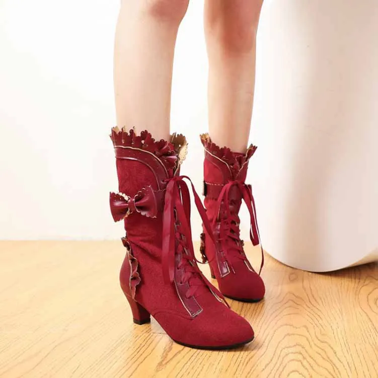 Women Sweet Bow Boots Mid Heels Lace Up Victorian boots Mid Calf Kawaii Boot