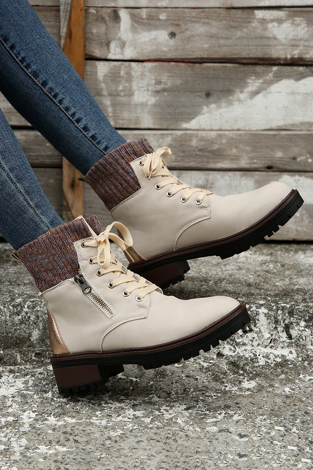 Women's Knitted Patched Lace-up Heeled Ankle Boots