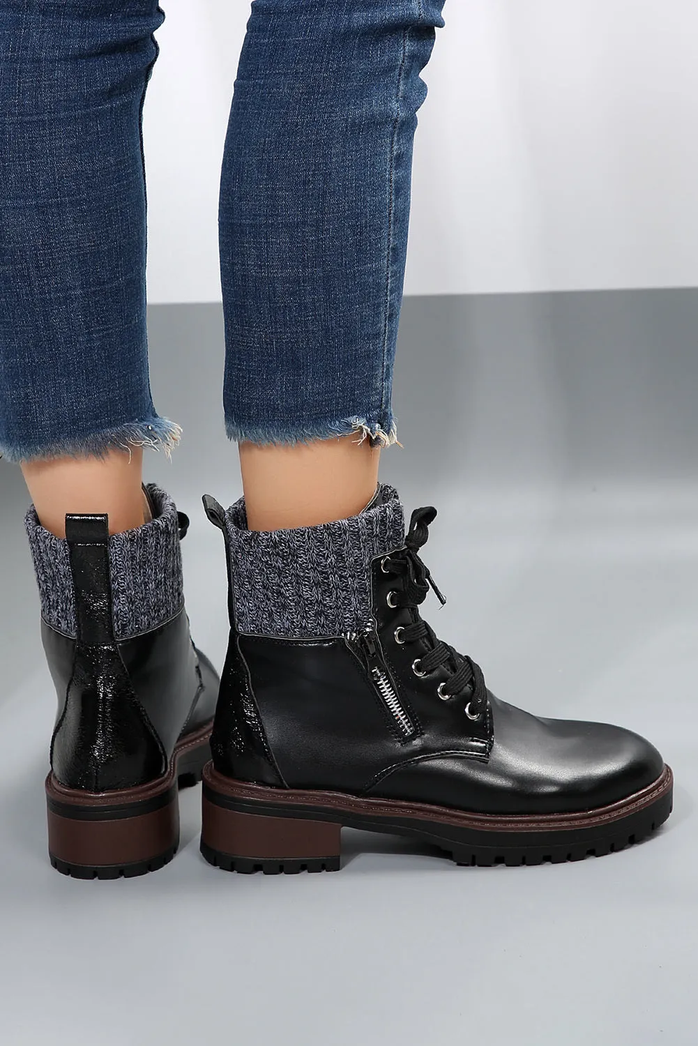 Women's Knitted Patched Lace-up Heeled Ankle Boots