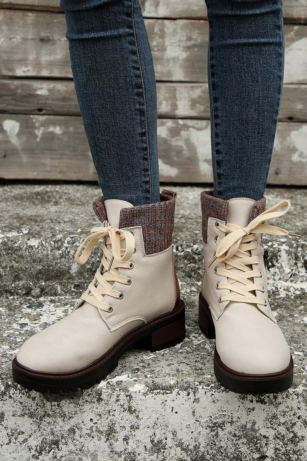 Women's Knitted Patched Lace-up Heeled Ankle Boots