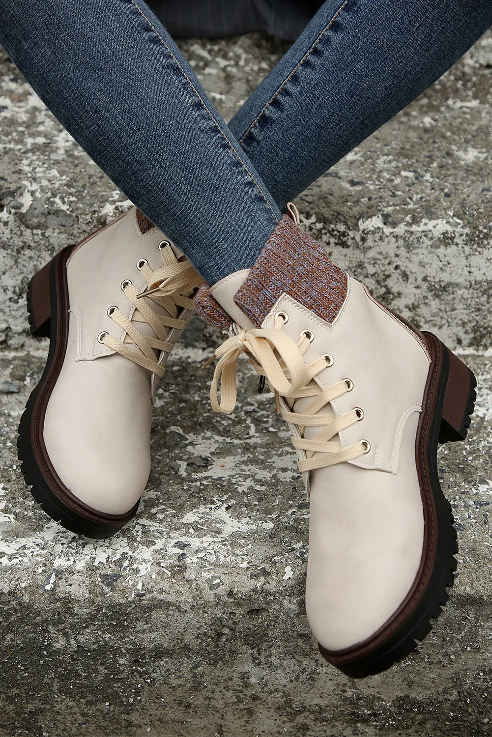 Women's Knitted Patched Lace-up Heeled Ankle Boots