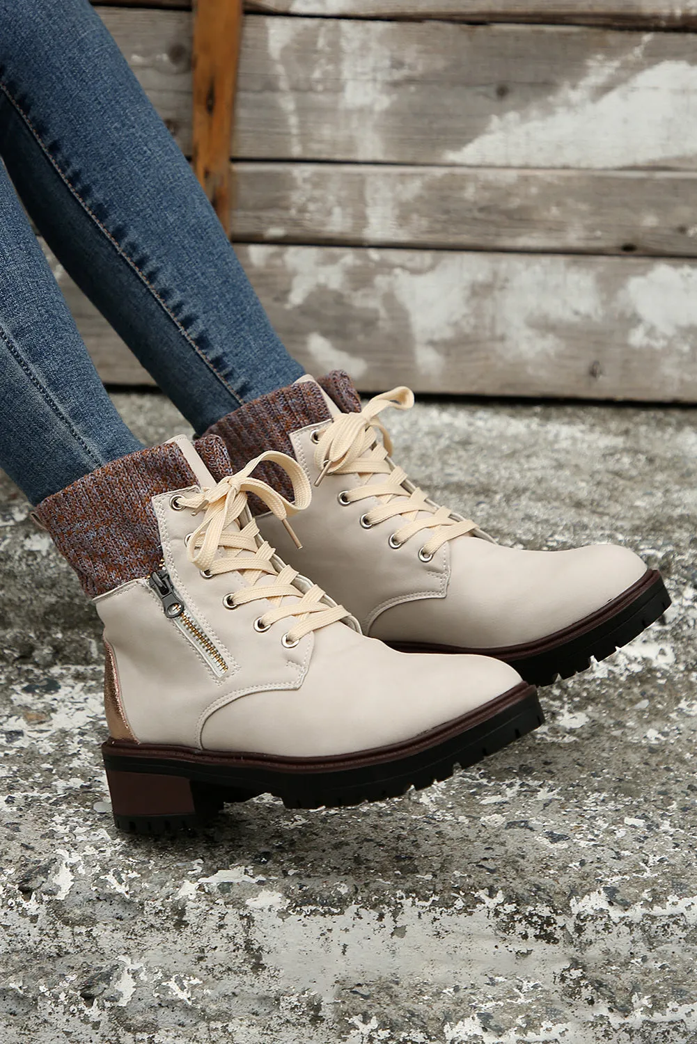 Women's Knitted Patched Lace-up Heeled Ankle Boots