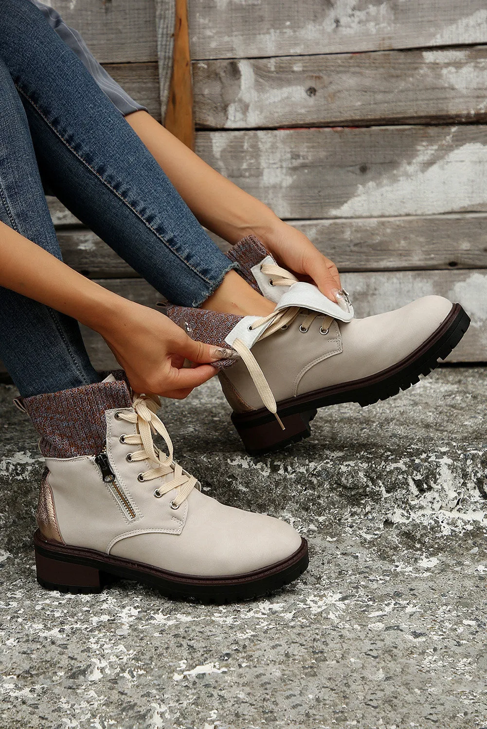 Women's Knitted Patched Lace-up Heeled Ankle Boots