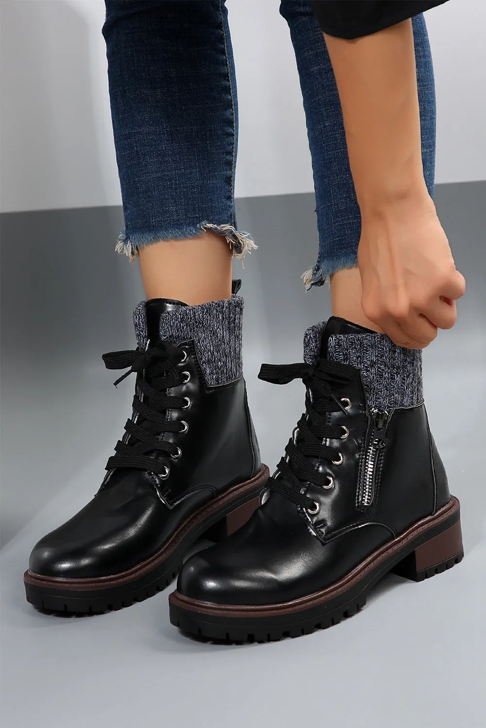 Women's Knitted Patched Lace-up Heeled Ankle Boots